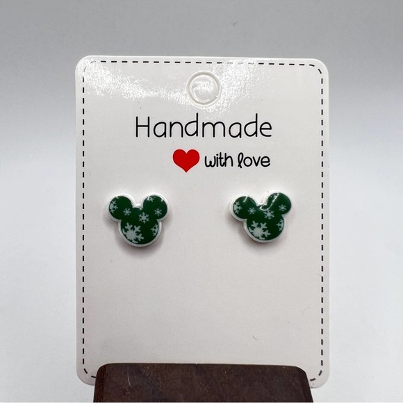 Jewelry - Green Mickey Mouse snowflake stud earrings. Christmas, Winter, Holiday.